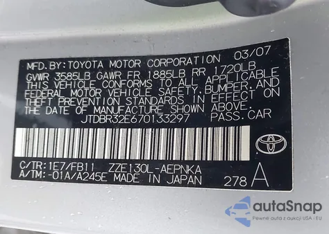 2007 Toyota Corolla Le из США, поврежденный, VIN JTDBR32E670133297